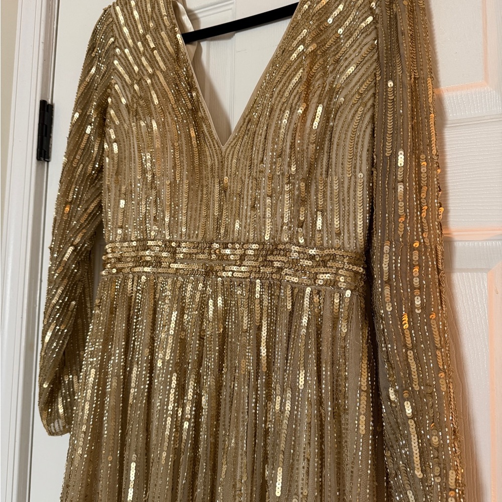 Mac Duggal Gold Sequin Illusion Sleeve Dress